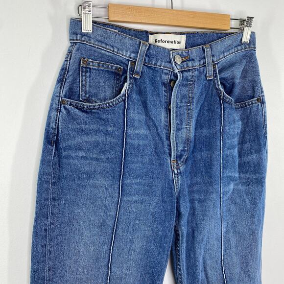 Reformation Blue Denim Celtic Cynthia High Pintuck Relaxed Fit Jeans Womens 26 - Picture 4 of 12